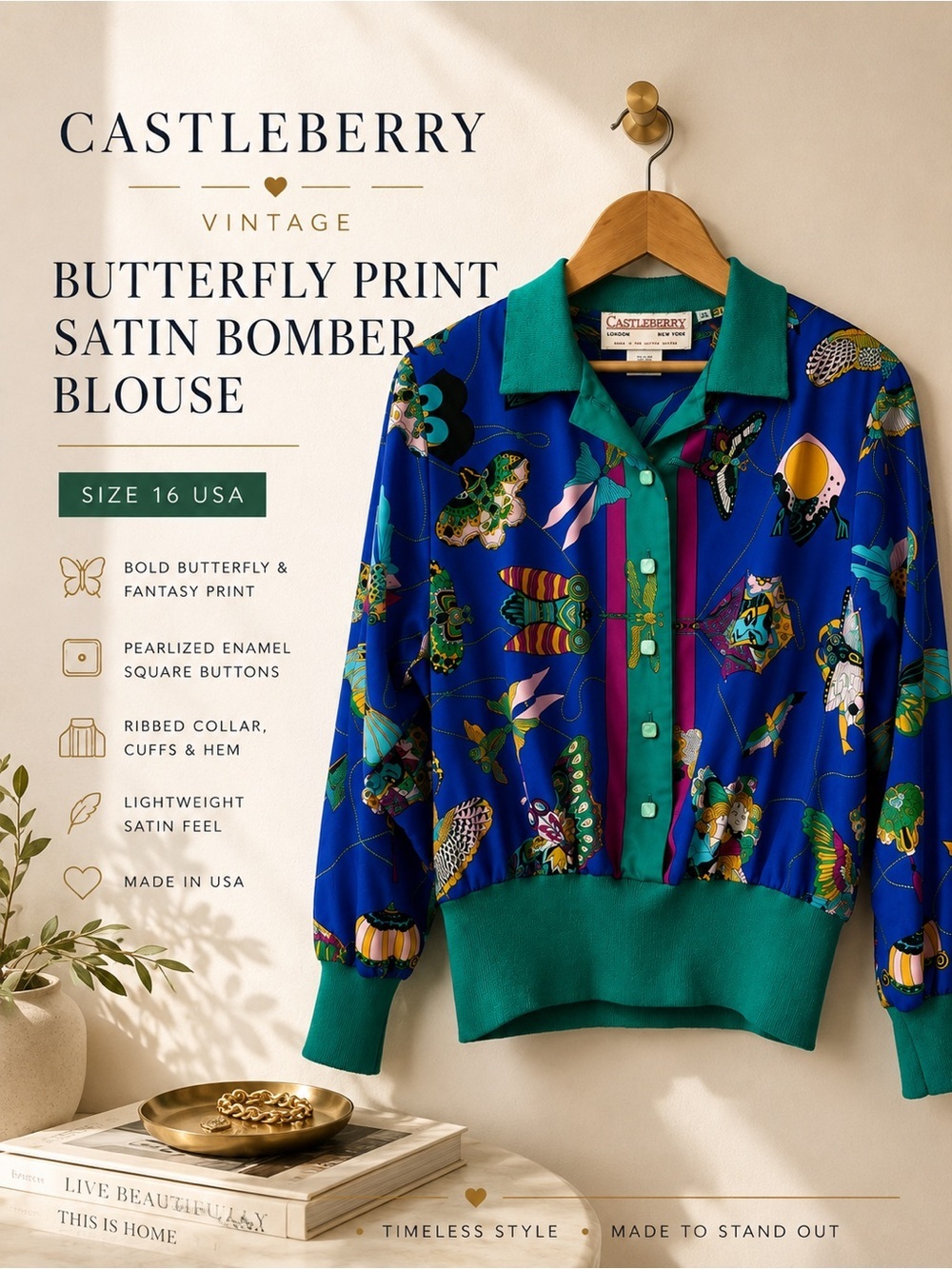 Castleberry Vintage Butterfly Print Satin Bomber Blouse Size 16